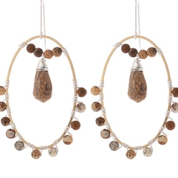 𝅺natural STONE BEADED DROP EARRINGS-BROWN. STUNNING - Picture 1 of 2